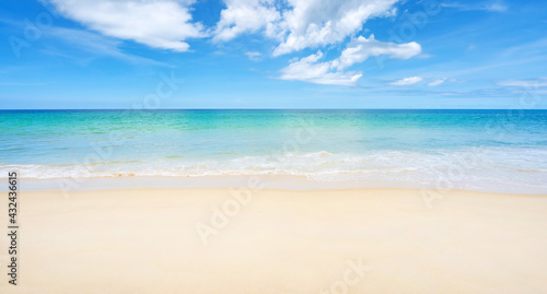 Beautiful sandy beach and sea with clear blue sky background Amazing  beach blue sky sand sun daylight relaxation landscape view in Phuket island Thailand for Summer and travel background