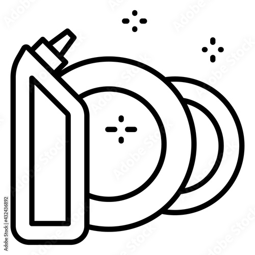 Cleaning and washing dishes. Cleaning bottle and clean plate. Household chores. Vector Icon, Outline, Isolated, 48x48 Pixel.