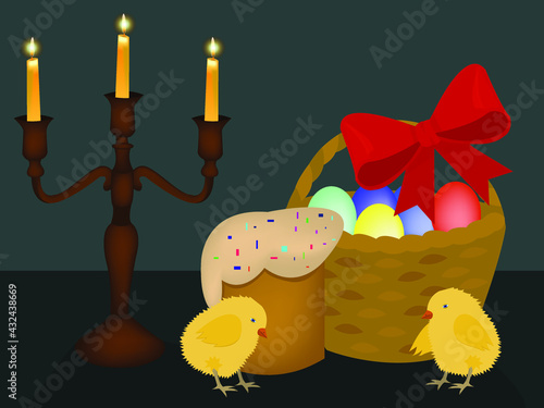 A candelabrum with three burning candles, a basket with colourful eggs, a cake and two chickens. An Easter celebration concept.