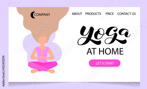 First page of web site. Yoga club. Faceless girl is sitting in the lotus position in pink clothes. Vector stock illustration. Yoga lettering