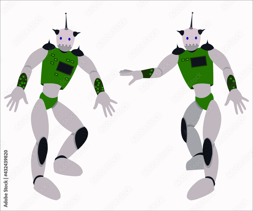 Two robots dancing in a cosmic style. Vector illustration.