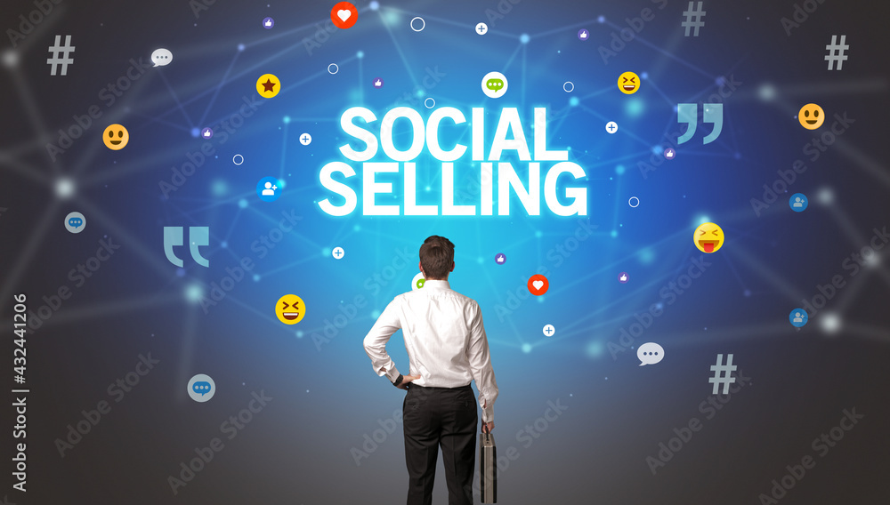 Rear view of a businessman, social media concept Rear view of a businessman, social media concept