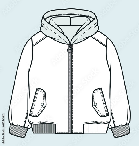 Full Zip Hoodie Sweatshirt technical drawing. Hoodie Sweatshirt Flat Sketch
