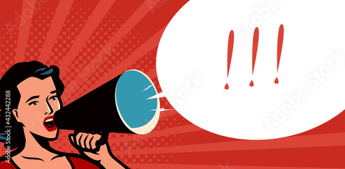 Girl or young woman promoter holding megaphone loudspeaker. Business promotion concept. Vector illustration