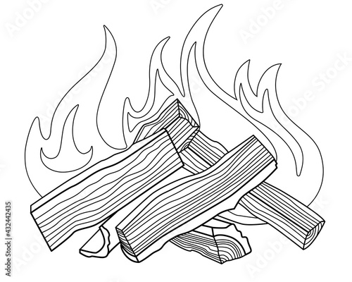 Bonfire - vector linear picture for coloring. Outline. Burning firewood - element for coloring book. A bonfire made of chopped logs. The fire burns on wood fuel. Bonfire folded into a house.