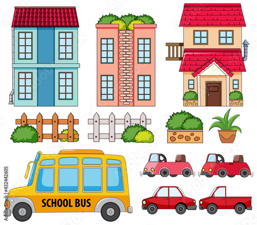 A house with outdoor decoration set isolated