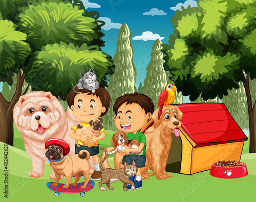Group of pet with owner in the park scene