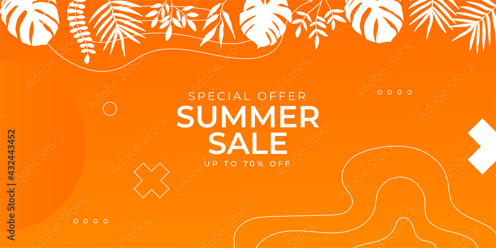 Summer sale banner with paper cut leaves and tropical leaves background, exotic floral design for banner, flyer, invitation, poster, web site or greeting card. Paper cut style, vector illustration