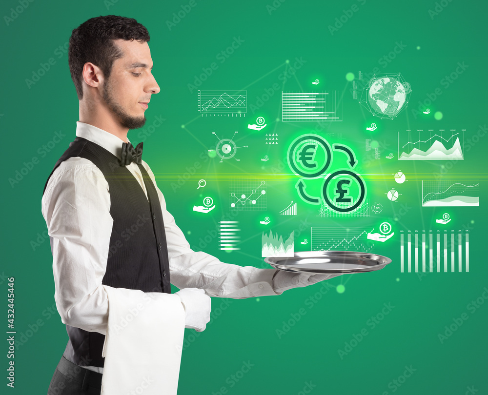 Handsome young waiter in tuxedo holding currency icons on tray Handsome young waiter in tuxedo holding currency icons on tray
