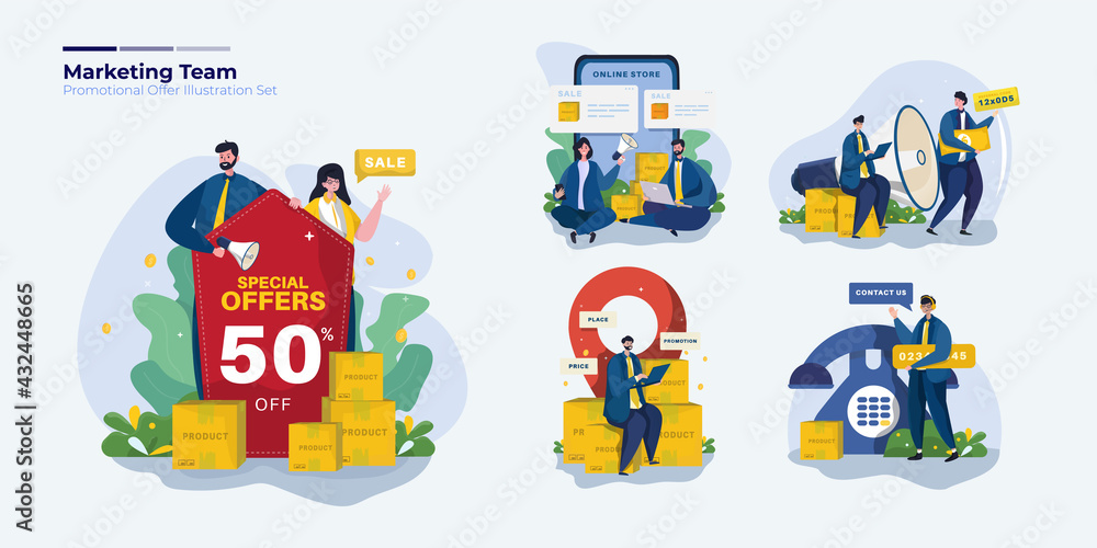 Marketing team with promotional offers illustration collection set