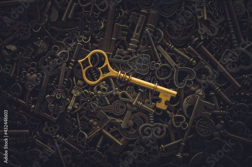 Unique gold key on pile of vintage skeleton keys. Concept for individual or uniqueness, unlocking potential, or stand out from the crowd. photo