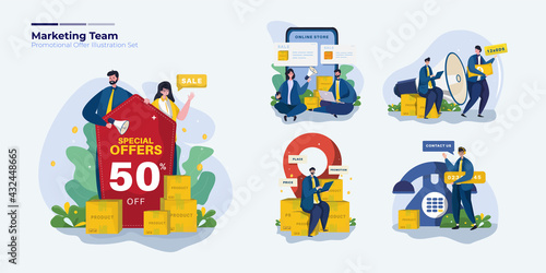 Marketing team with promotional offers illustration collection set