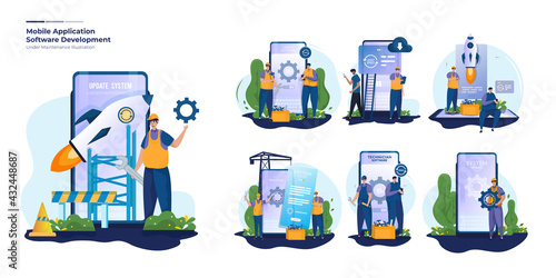 Mobile app software development illustration set with system updates under maintenance concept
