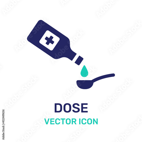 Dose concept. Pouring medicine in spoon for dosage. Vector icon illustration