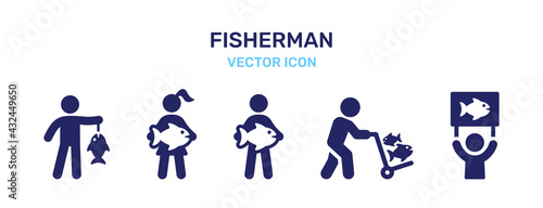 Set icon of fisherman icon vector.