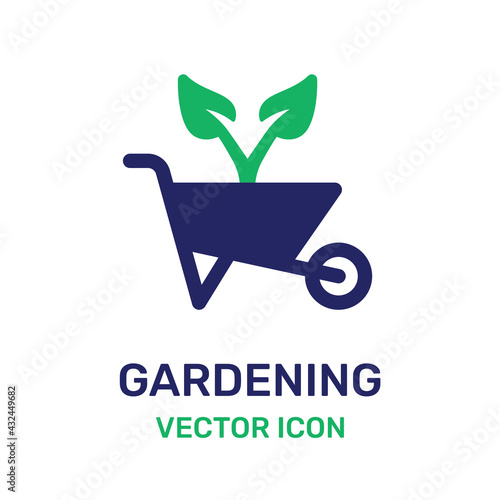 Plant on wheelbarrow icon. Gardening vector illustration