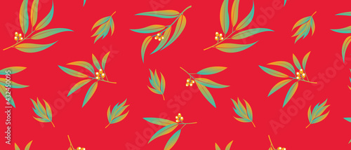 Eucalyptus branches hand drawn vector seamless pattern. Green leaves on red background. Summer tropical endless wallpaper. Modern design for wrapping paper, cover, packaging, interior decor. EPS10 © Angela Ksen
