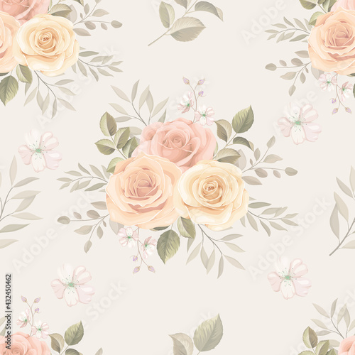 Hand drawn blooming rose flower seamless pattern design