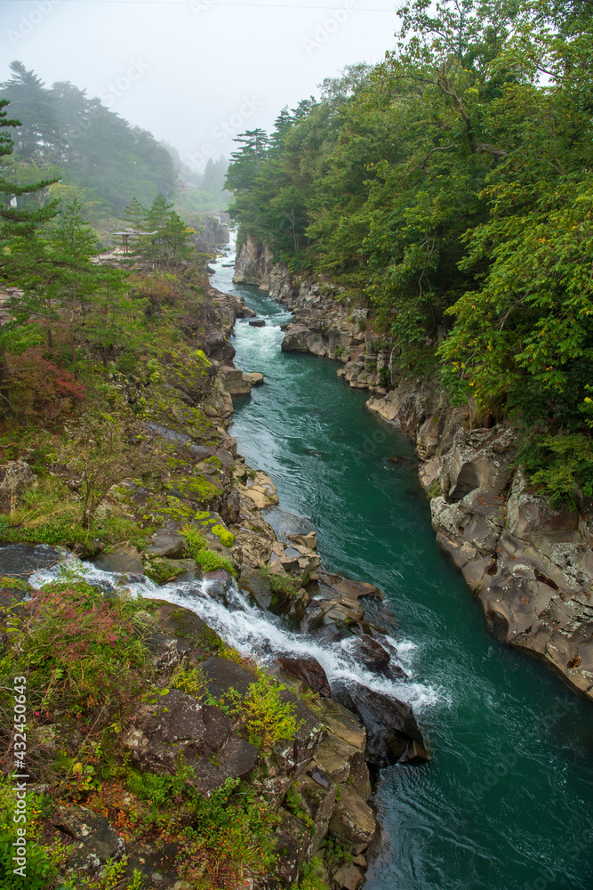 Geibikei is a ravine in the Satetsu River in Ichinoseki City, Iwate Prefecture, Japan, in a misty morning refreshes the atmosphere. This is a popular tourist destination.