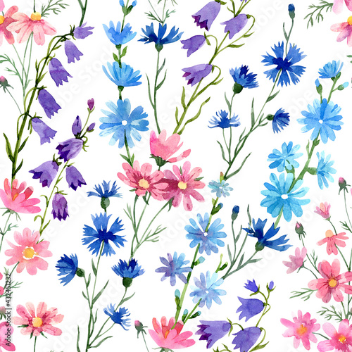 Wild flowers seamless pattern with chicory  cornflower  bluebell  cosmos flower. Hand drawn watercolor floral background for fabric  wrapping paper and wallpaper