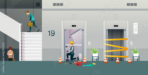 The mechanic was repairing the elevator and the staff had to walk up and down the stairs.
