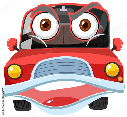 Red vintage car cartoon character with angry face expression on white background