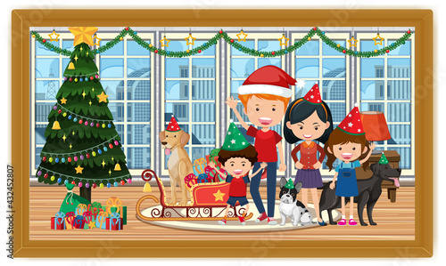 Happy family in Christmas costume in the living room scene photo in a frame