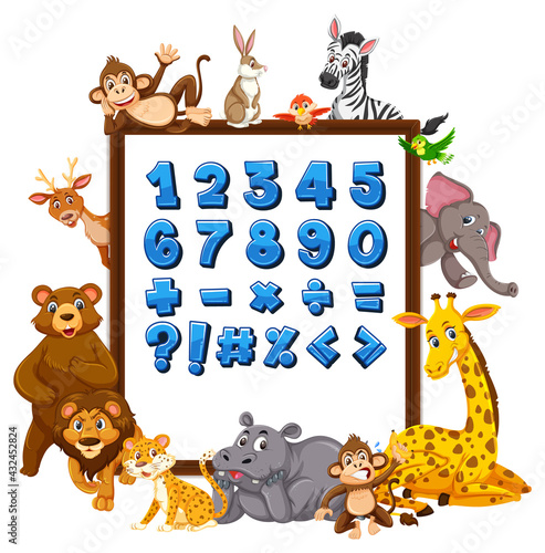 Number 0 to 9 and math symbols on banner with wild animals
