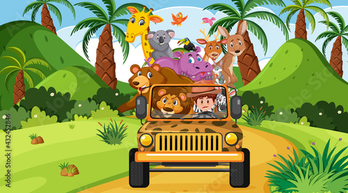 Safari scene with wild animals in the jeep car