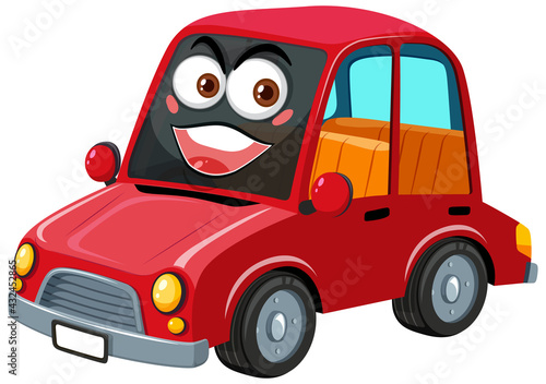 Red vintage car cartoon character with happy face expression on white background