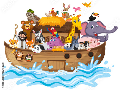 Noah's Ark with Animals on water wave isolated on white background