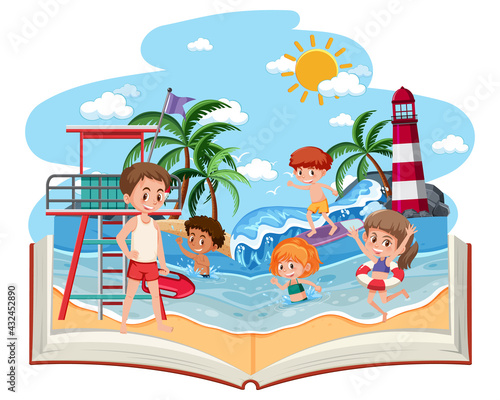 Open book with happy children on the beach