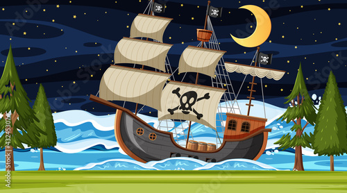 Ocean with Pirate ship at night scene in cartoon style