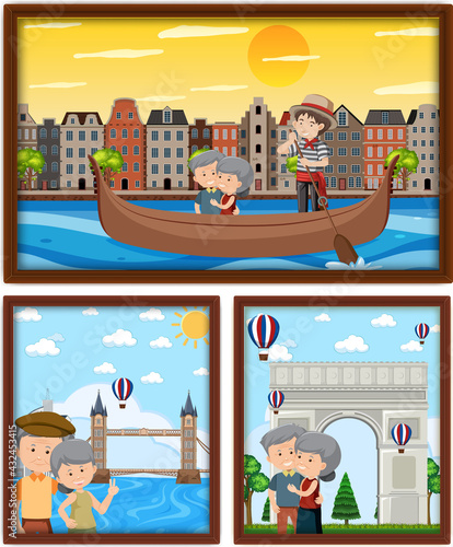 Older couple on vacation photo frames isolated