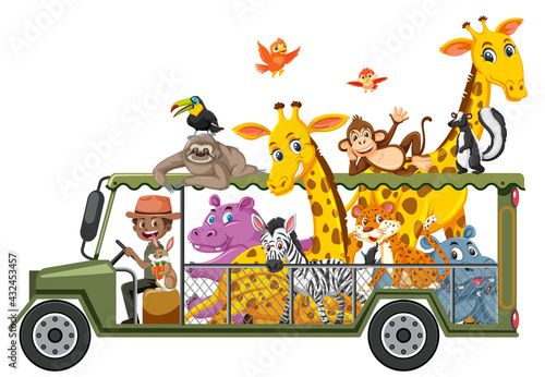 Zoo concept with wild animals in the car isolated on white background
