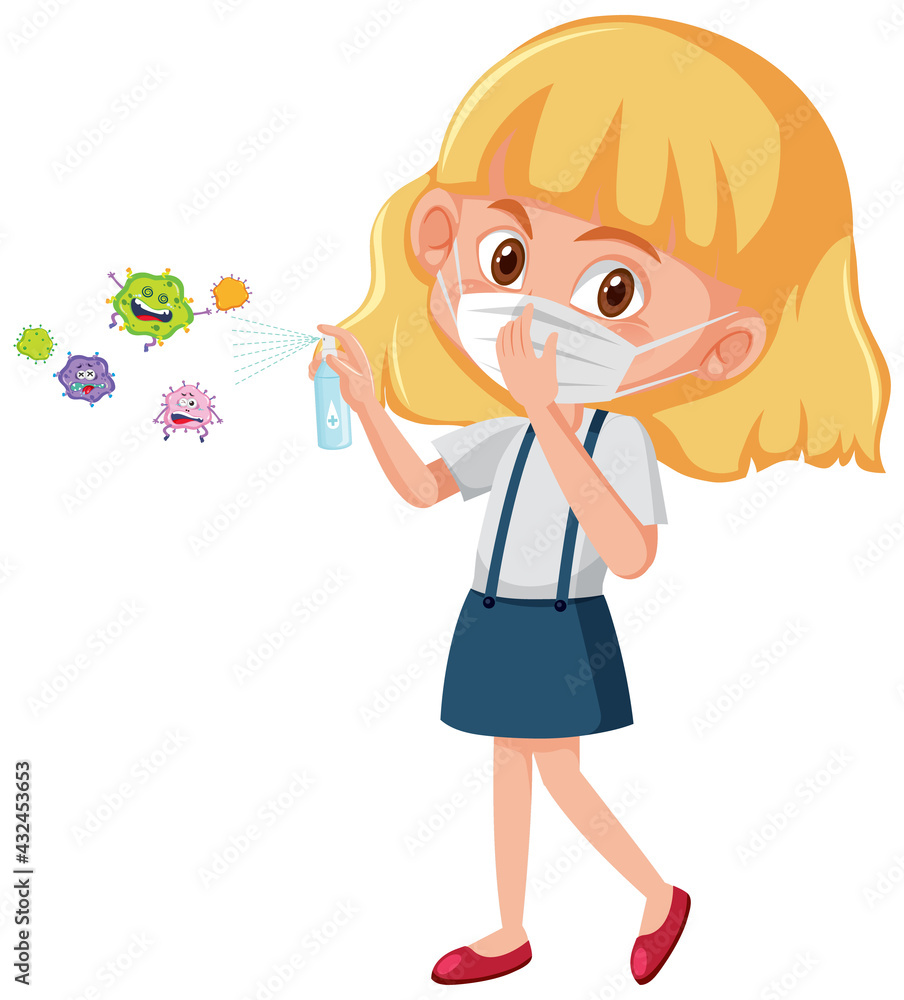 A girl wear mask and using alcohol sanitizer with virus cartoon character A girl wear mask and using alcohol sanitizer with virus cartoon character