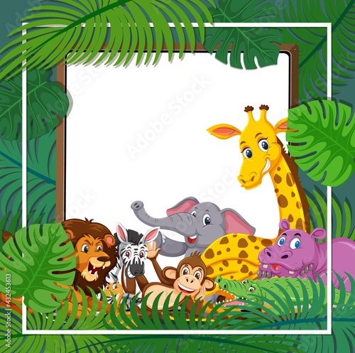 Wild animals group with tropical leaves frame #432453613