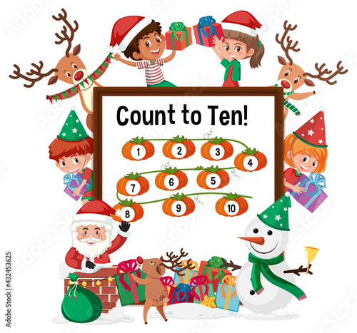 Count to ten number board with many kids in christmas theme