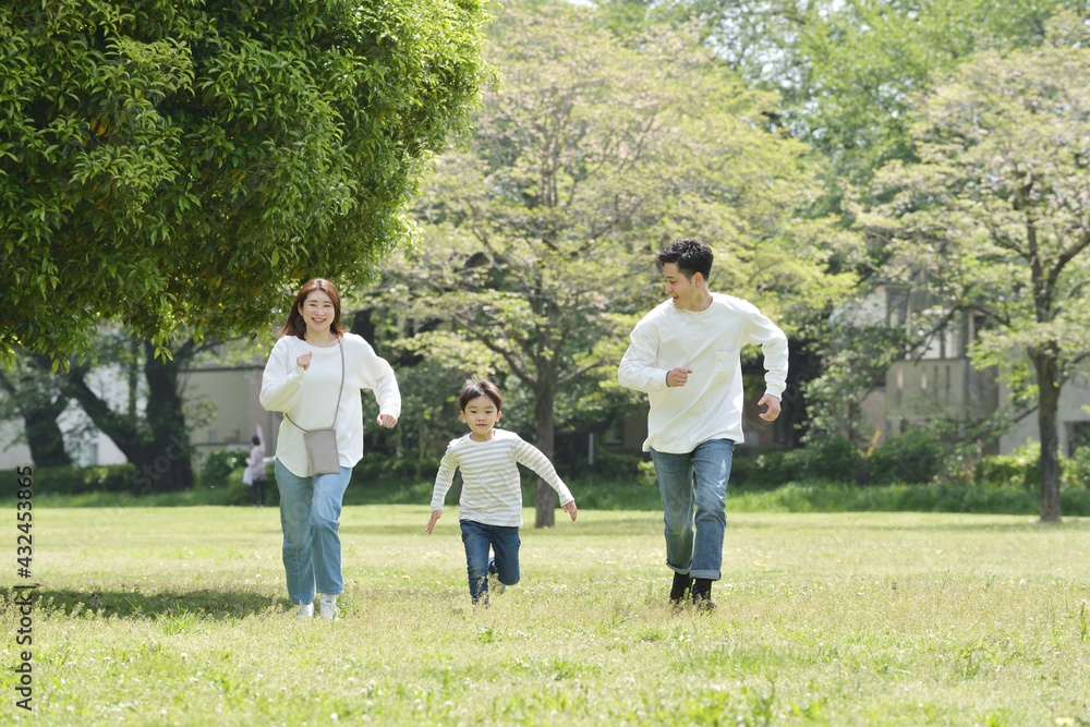 公園を走る若いファミリー