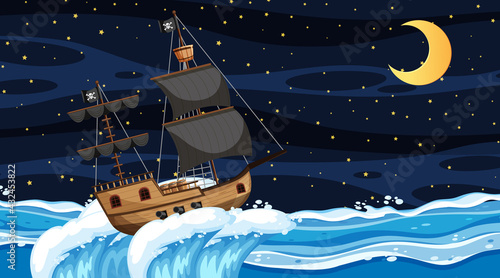 Ocean with Pirate ship at night scene in cartoon style
