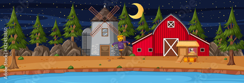 Farmland horizontal scene with barn and windmill at night time