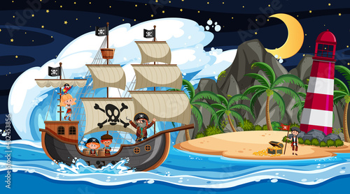 Island with Pirate ship at night scene in cartoon style