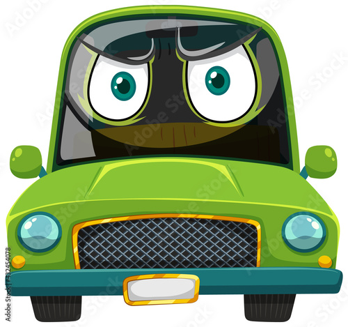 Green vintage car cartoon character with angry face expression on white background