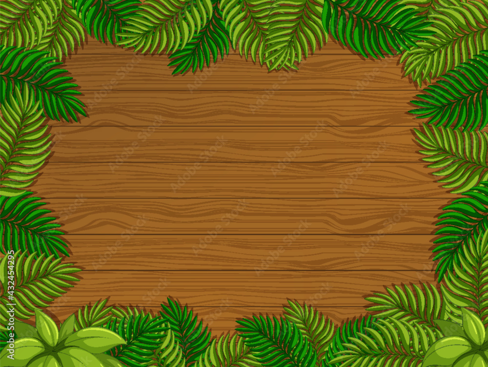 Empty wooden background with tropical leaves elements Empty wooden background with tropical leaves elements
