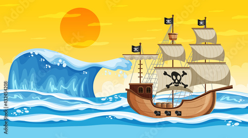 Ocean scene at sunset time with Pirate ship in cartoon style