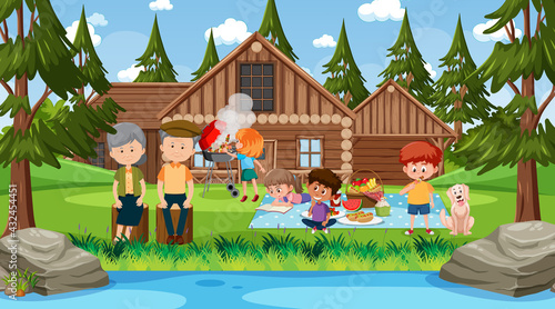 Nature outdoor scene with happy family having a picnic