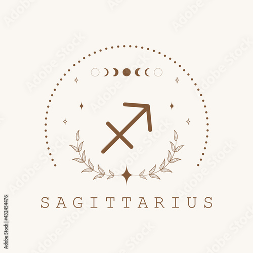 Sagittarius. Zodiac sign in boho style. Astrological icon isolated on white background. Mystery and esoteric. Horoscope logo vector illustration. Spiritual tarot card.