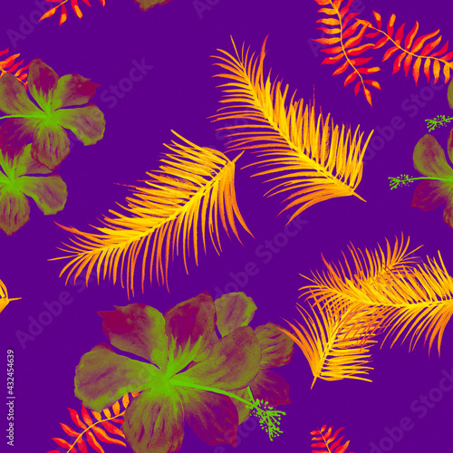 Indigo Tropical Nature. Purple Seamless Texture. Azure Pattern Exotic. VioletSpring Leaves. Yellow Flower Background. Navy Drawing Hibiscus. Decoration Art.
