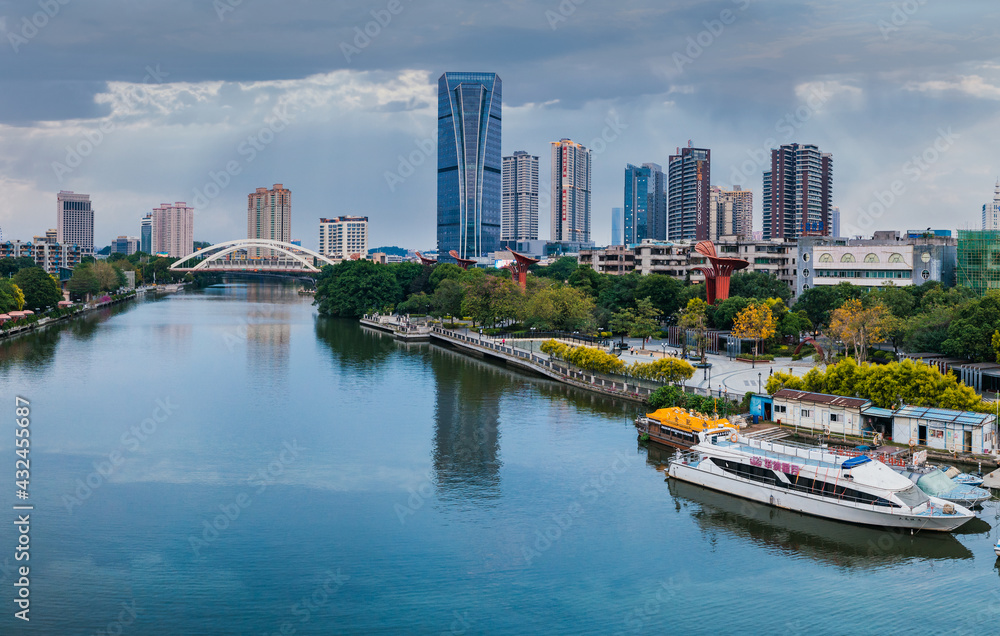 Fototapeta premium Urban scenery on both sides of Shiqi River, Zhongshan City, Guangdong Province, China