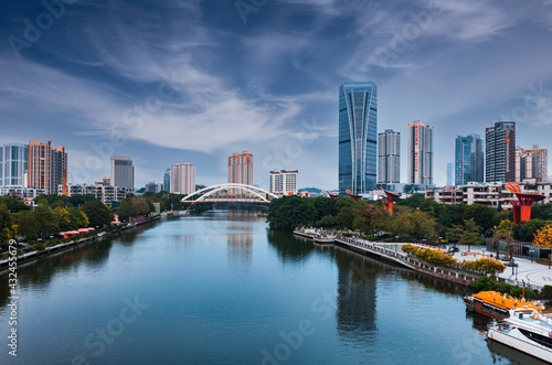 Urban scenery on both sides of Shiqi River  Zhongshan City  Guangdong Province  China
